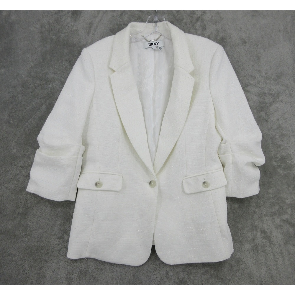 DKNY Blazer Womens Size 12 Tweed Ruched Office Career Minimalist White Classic